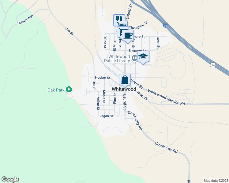 map of restaurants, bars, coffee shops, grocery stores, and more near 1101 Meade Street in Whitewood