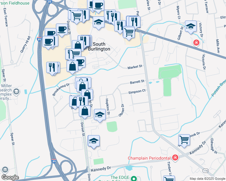 map of restaurants, bars, coffee shops, grocery stores, and more near 52 Barrett Street in South Burlington