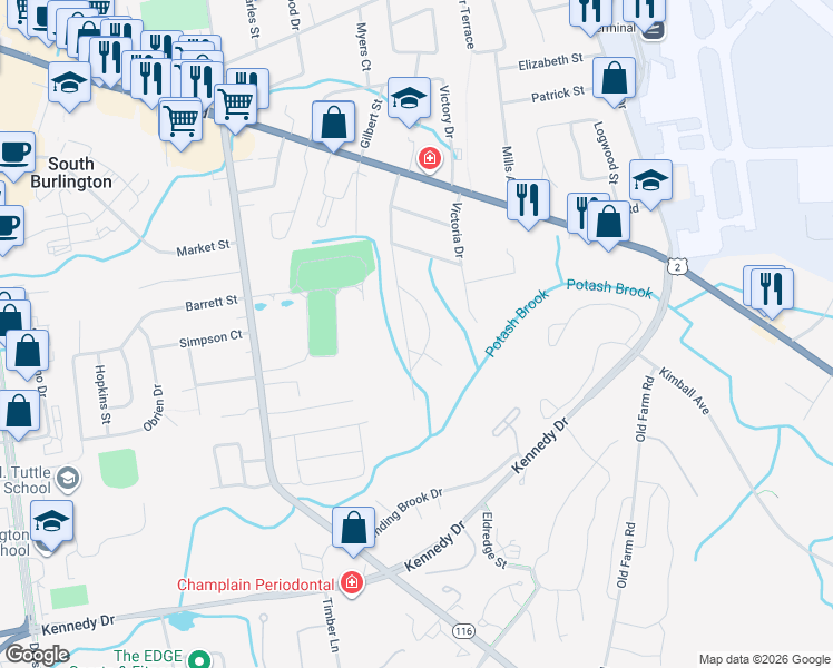 map of restaurants, bars, coffee shops, grocery stores, and more near 36 Elsom Parkway in South Burlington