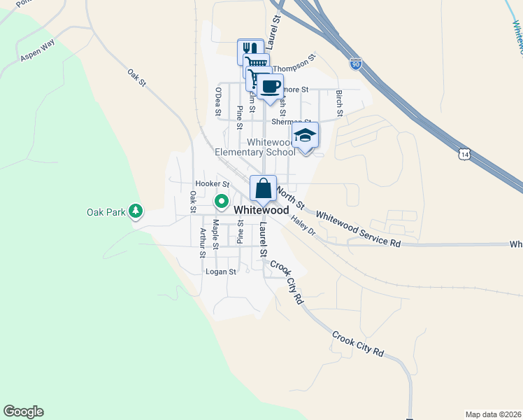map of restaurants, bars, coffee shops, grocery stores, and more near in Whitewood