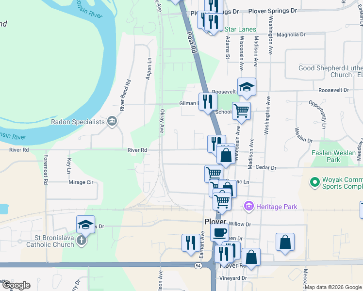 map of restaurants, bars, coffee shops, grocery stores, and more near 2430 Deepwood Court in Plover