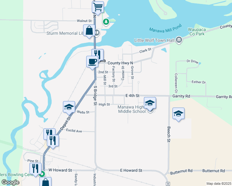 map of restaurants, bars, coffee shops, grocery stores, and more near 514 Factory Street in Manawa