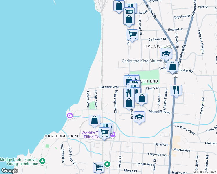 map of restaurants, bars, coffee shops, grocery stores, and more near 128 Lakeside Avenue in Burlington
