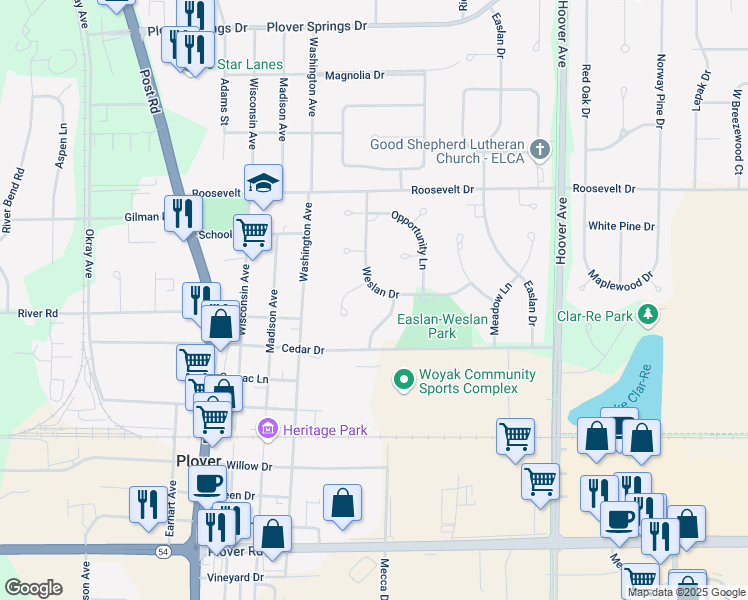 map of restaurants, bars, coffee shops, grocery stores, and more near 2321 Weslan Drive in Plover