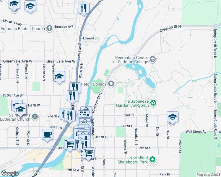 map of restaurants, bars, coffee shops, grocery stores, and more near 1 North College Street in Northfield