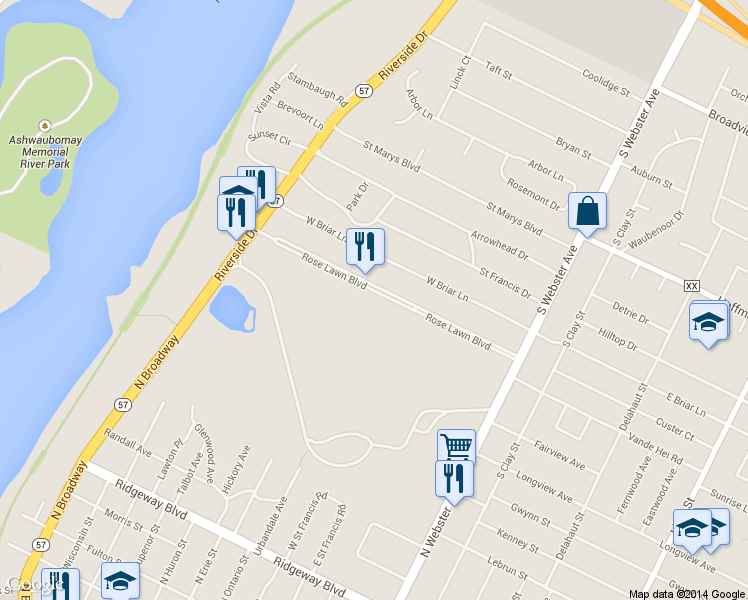 map of restaurants, bars, coffee shops, grocery stores, and more near 361 Rose Lawn Boulevard in Green Bay