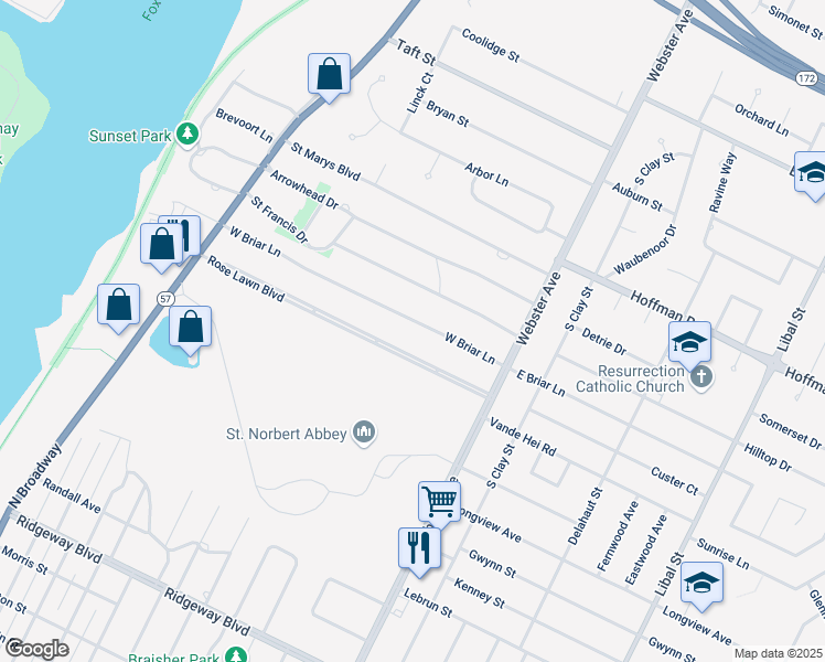 map of restaurants, bars, coffee shops, grocery stores, and more near 261 West Briar Lane in Green Bay