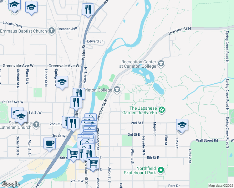 map of restaurants, bars, coffee shops, grocery stores, and more near North College Street in Northfield