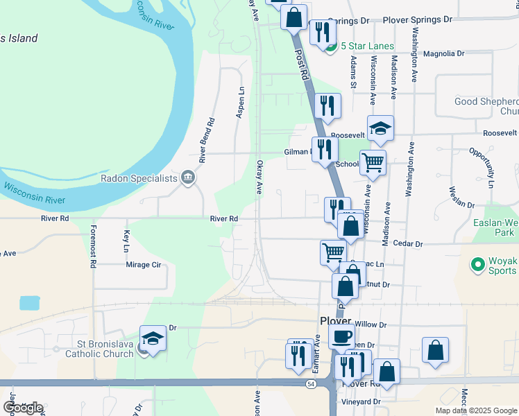 map of restaurants, bars, coffee shops, grocery stores, and more near 1634 Okray Avenue in Plover