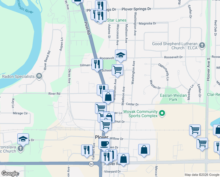 map of restaurants, bars, coffee shops, grocery stores, and more near 2440 Post Road in Plover