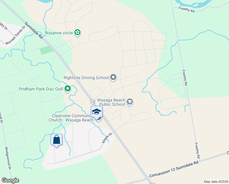 map of restaurants, bars, coffee shops, grocery stores, and more near Central Square Boulevard in Wasaga Beach