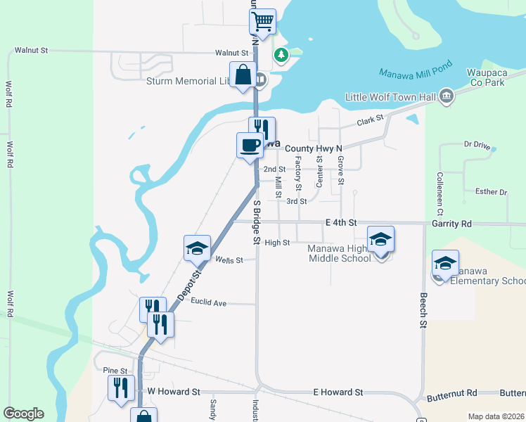 map of restaurants, bars, coffee shops, grocery stores, and more near 514 South Bridge Street in Manawa