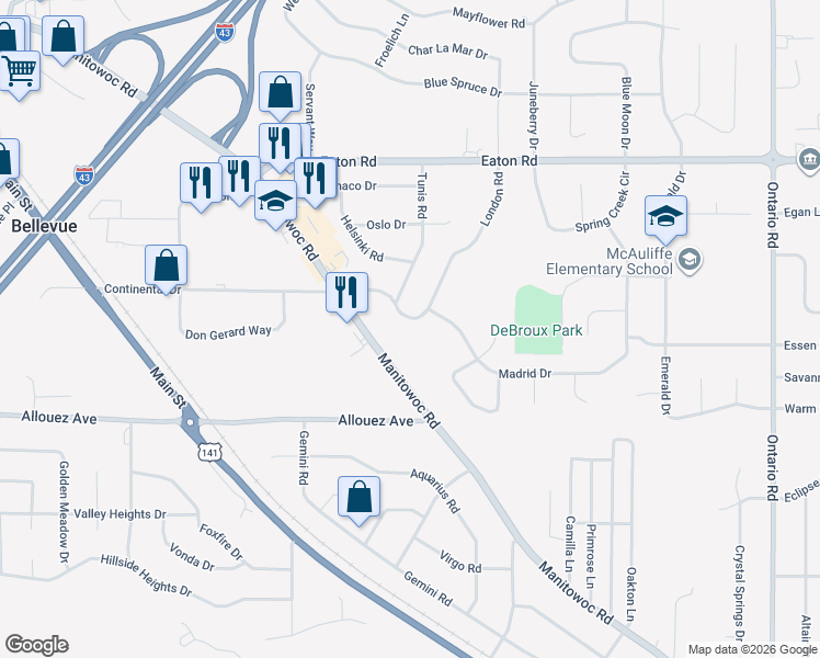 map of restaurants, bars, coffee shops, grocery stores, and more near 2820 Continental Drive in Green Bay