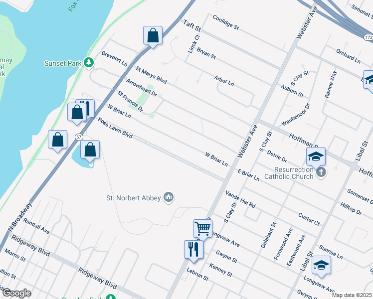 map of restaurants, bars, coffee shops, grocery stores, and more near 261 W Briar Ln in Green Bay