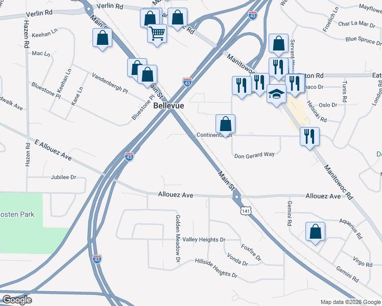 map of restaurants, bars, coffee shops, grocery stores, and more near 2586 Main Street in Green Bay