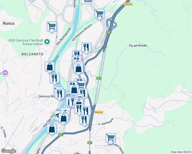 map of restaurants, bars, coffee shops, grocery stores, and more near 136/1 Via Campodonico in Genova