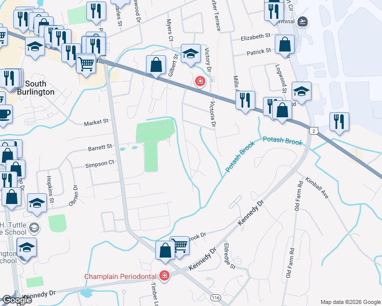 map of restaurants, bars, coffee shops, grocery stores, and more near 36 Elsom Parkway in South Burlington