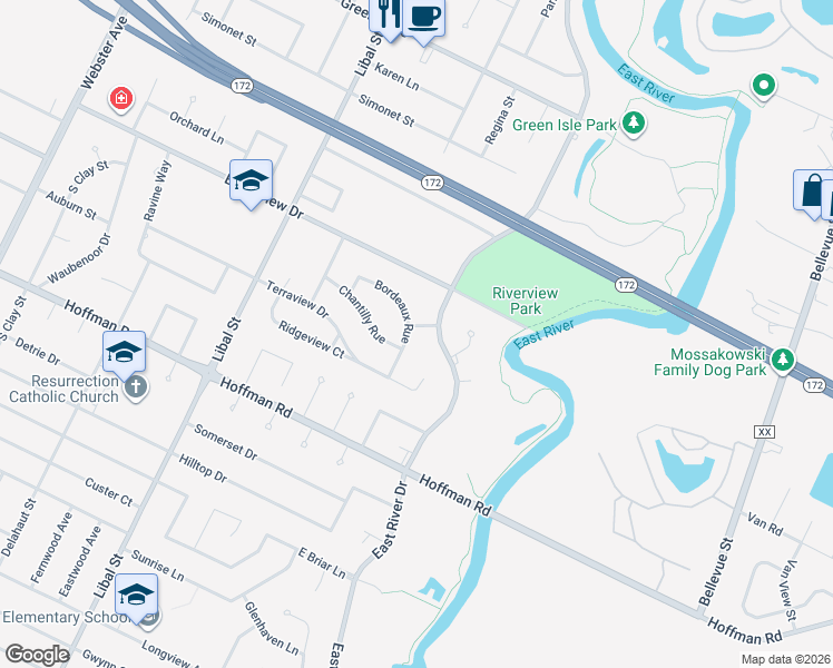 map of restaurants, bars, coffee shops, grocery stores, and more near 731 Bordeaux Rue in Green Bay