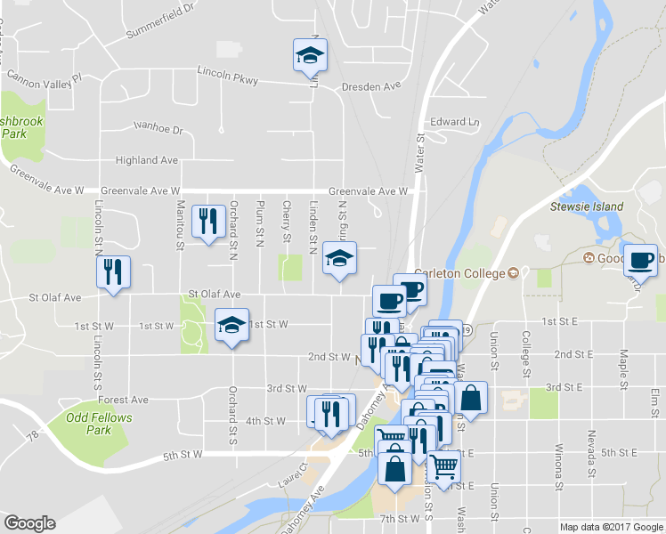 map of restaurants, bars, coffee shops, grocery stores, and more near 209 Spring Street North in Northfield