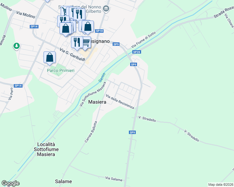 map of restaurants, bars, coffee shops, grocery stores, and more near 9A Via Liverani in Masiera