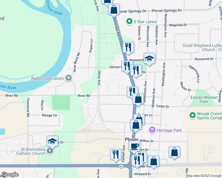 map of restaurants, bars, coffee shops, grocery stores, and more near 2430 Deepwood Court in Plover