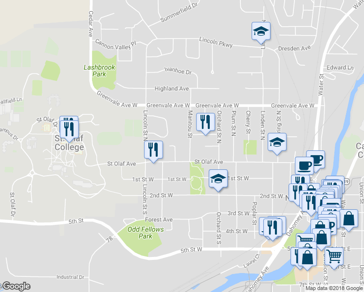 map of restaurants, bars, coffee shops, grocery stores, and more near 209 Manitou Street in Northfield