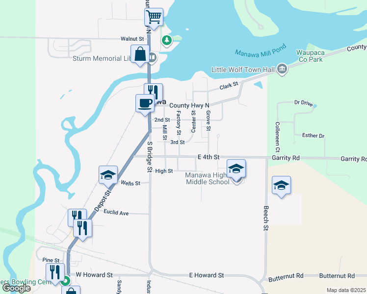 map of restaurants, bars, coffee shops, grocery stores, and more near 514 Factory Street in Manawa