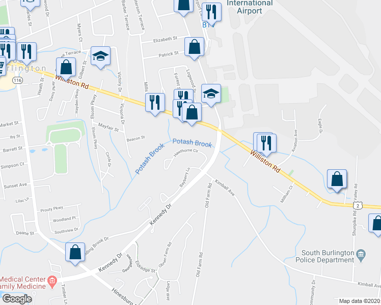 map of restaurants, bars, coffee shops, grocery stores, and more near 2 Hawthorne Circle in South Burlington