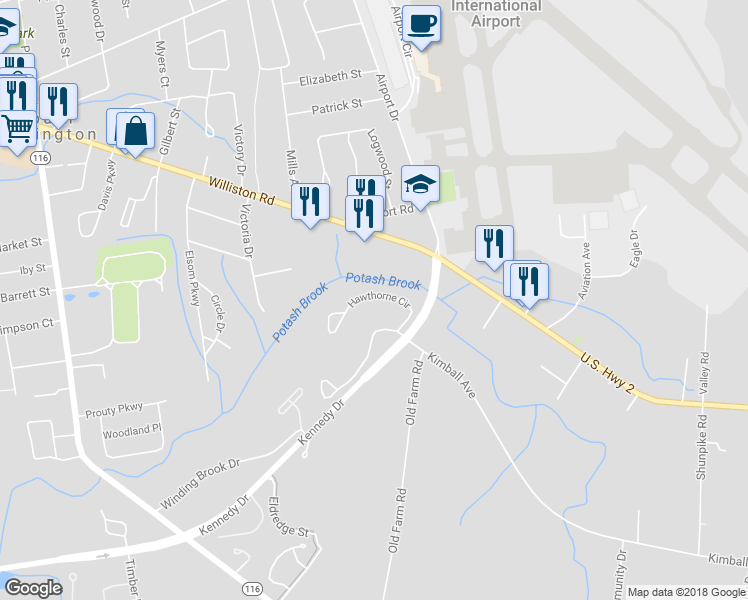 map of restaurants, bars, coffee shops, grocery stores, and more near 5 Hawthorne Circle in South Burlington
