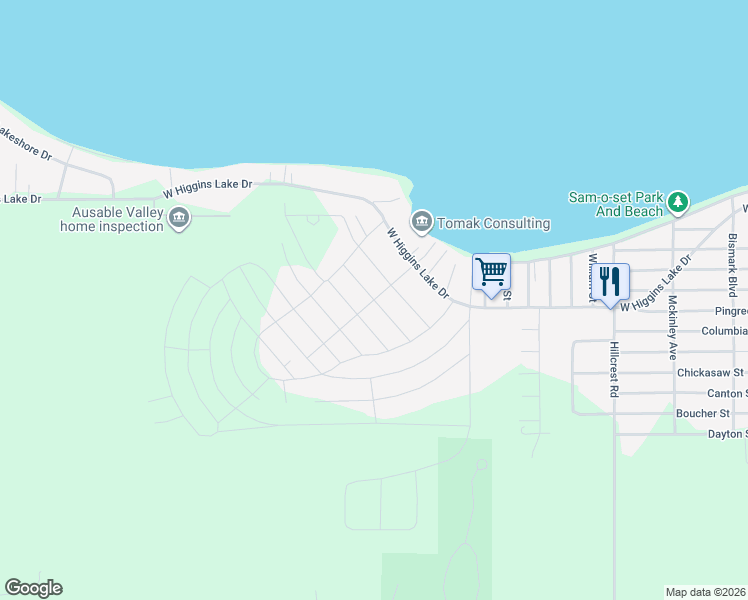 map of restaurants, bars, coffee shops, grocery stores, and more near Lakeview Road in Roscommon