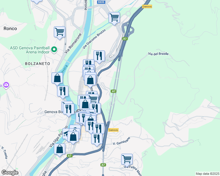 map of restaurants, bars, coffee shops, grocery stores, and more near 136/1 Via Campodonico in Genova