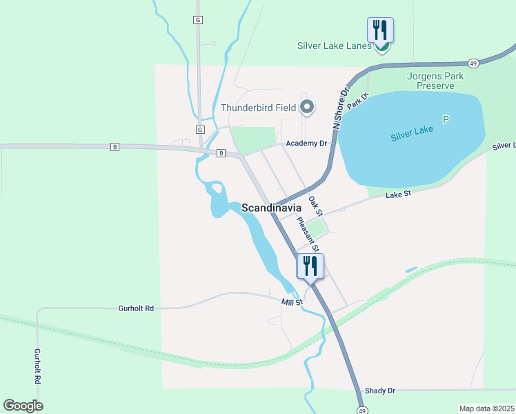 map of restaurants, bars, coffee shops, grocery stores, and more near 605 North Main Street in Scandinavia