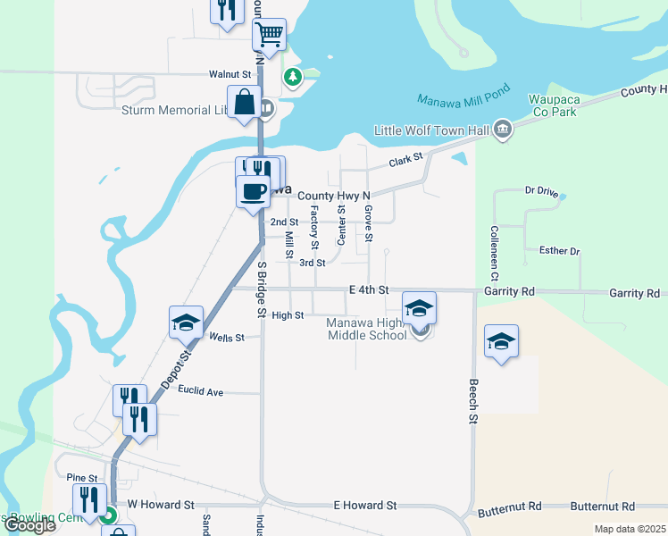 map of restaurants, bars, coffee shops, grocery stores, and more near 514 Factory Street in Manawa
