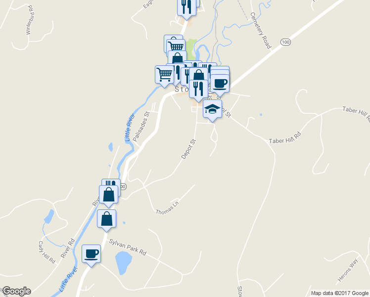 map of restaurants, bars, coffee shops, grocery stores, and more near 258 Depot Street in Stowe