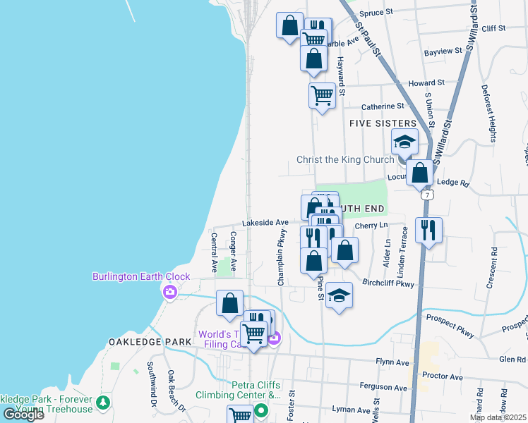 map of restaurants, bars, coffee shops, grocery stores, and more near 126 Lakeside Avenue in Burlington