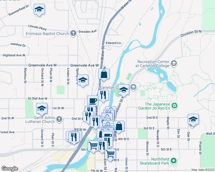 map of restaurants, bars, coffee shops, grocery stores, and more near 308 Water Street North in Northfield