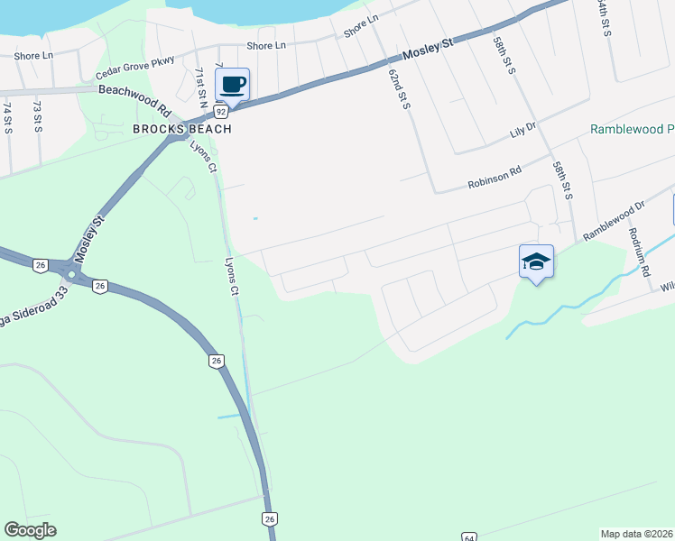 map of restaurants, bars, coffee shops, grocery stores, and more near 55 Bianca Crescent in Wasaga Beach