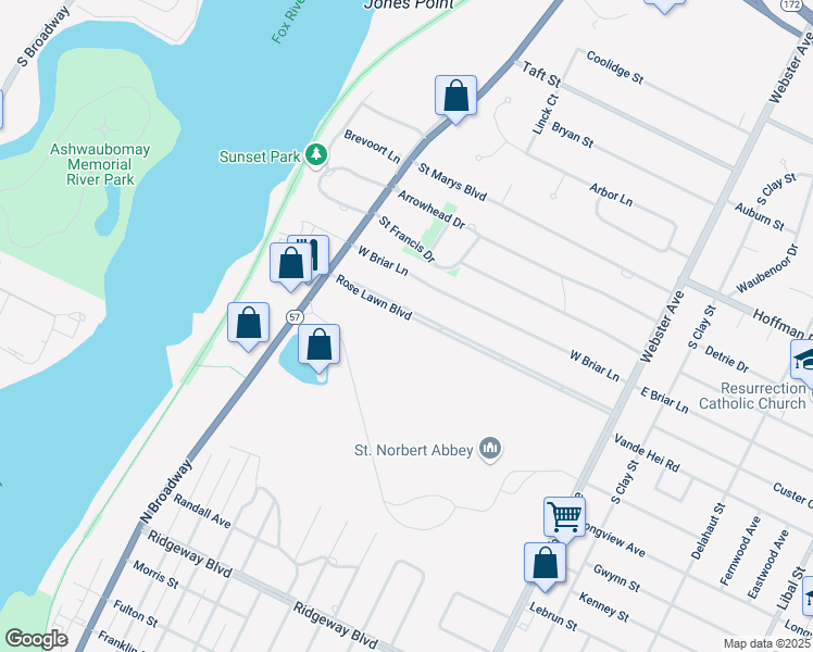 map of restaurants, bars, coffee shops, grocery stores, and more near 421 Rose Lawn Boulevard in Green Bay