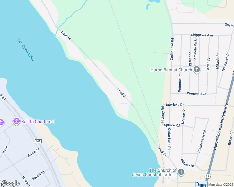 map of restaurants, bars, coffee shops, grocery stores, and more near 6253-6407 Woodland Drive in Oscoda