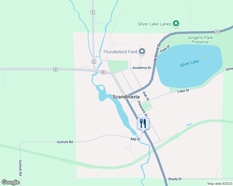 map of restaurants, bars, coffee shops, grocery stores, and more near 605 North Main Street in Scandinavia