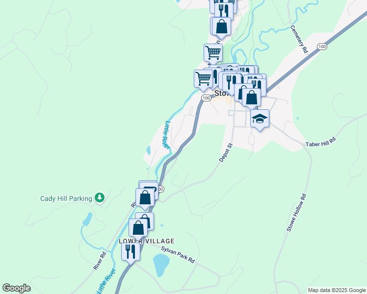 map of restaurants, bars, coffee shops, grocery stores, and more near 321 South Main Street in Stowe