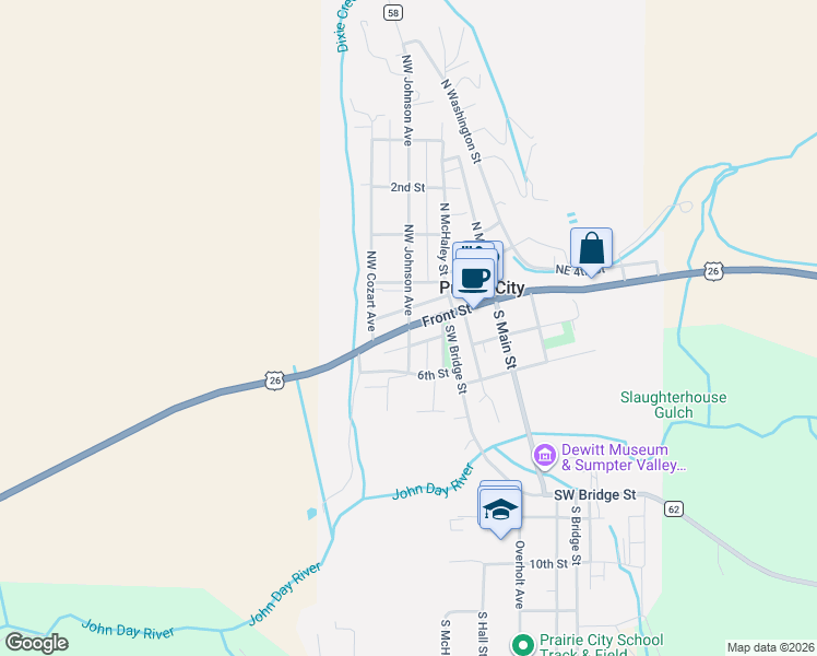 map of restaurants, bars, coffee shops, grocery stores, and more near 218 North Johnson Street in Prairie City