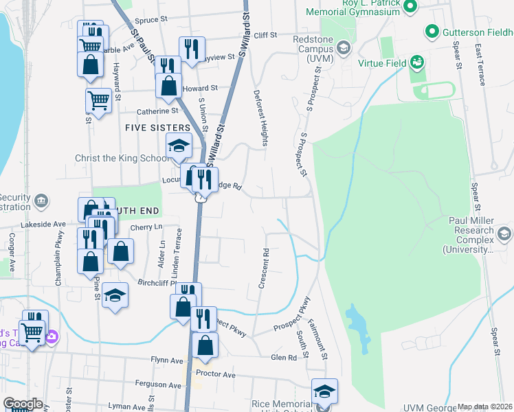 map of restaurants, bars, coffee shops, grocery stores, and more near 77 Ledge Road in Burlington