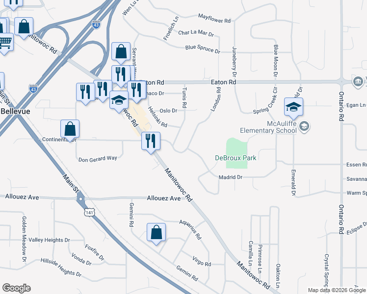 map of restaurants, bars, coffee shops, grocery stores, and more near 2820 Continental Drive in Green Bay