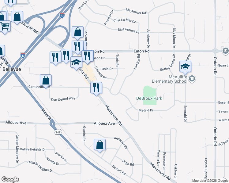 map of restaurants, bars, coffee shops, grocery stores, and more near 2820 Continental Drive in Green Bay