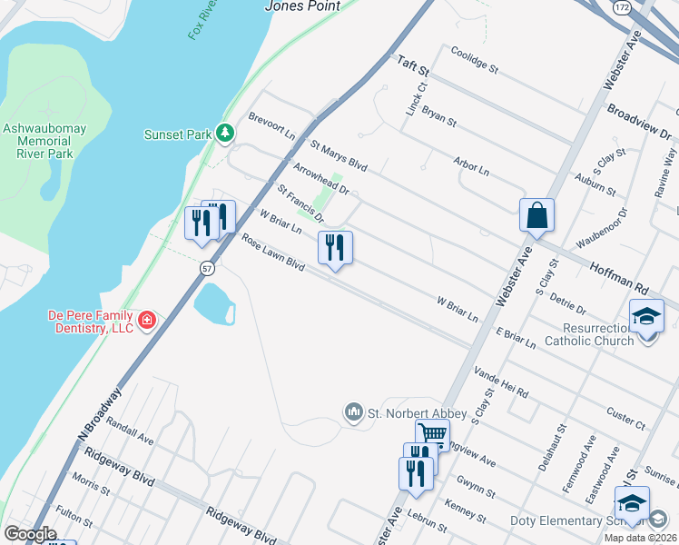 map of restaurants, bars, coffee shops, grocery stores, and more near 361 Rose Lawn Boulevard in Green Bay