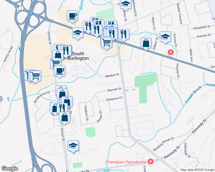 map of restaurants, bars, coffee shops, grocery stores, and more near 33 Barrett Street in South Burlington