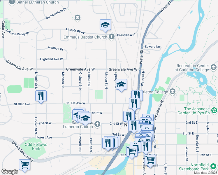 map of restaurants, bars, coffee shops, grocery stores, and more near 209 Spring Street North in Northfield