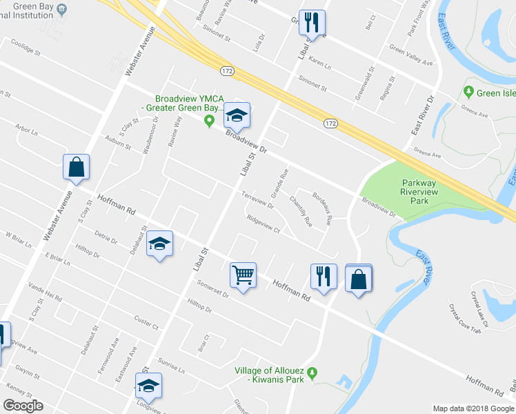 map of restaurants, bars, coffee shops, grocery stores, and more near 516 Terraview Drive in Green Bay