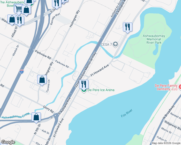 map of restaurants, bars, coffee shops, grocery stores, and more near 1633 Fort Howard Avenue in De Pere